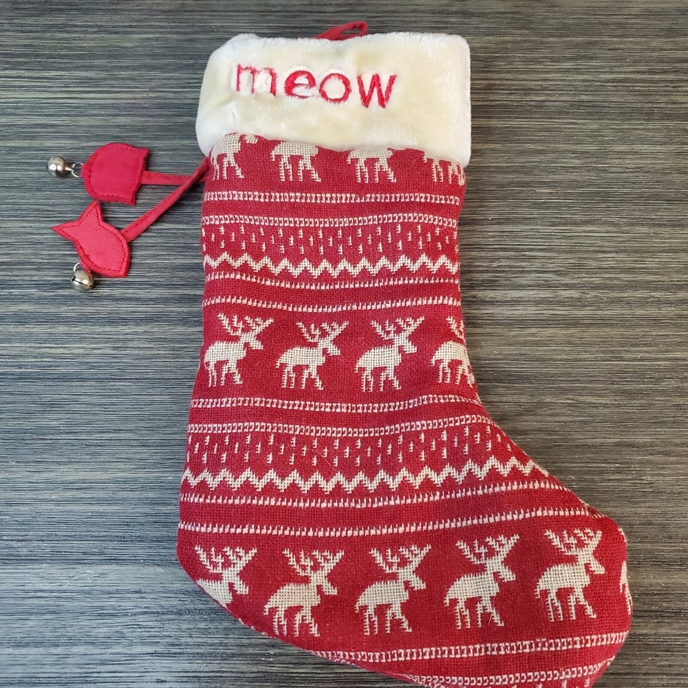 MEOW Kitty Cat Red Christmas Pet Stocking With Moose‎ Reindeer And Fabric Charms